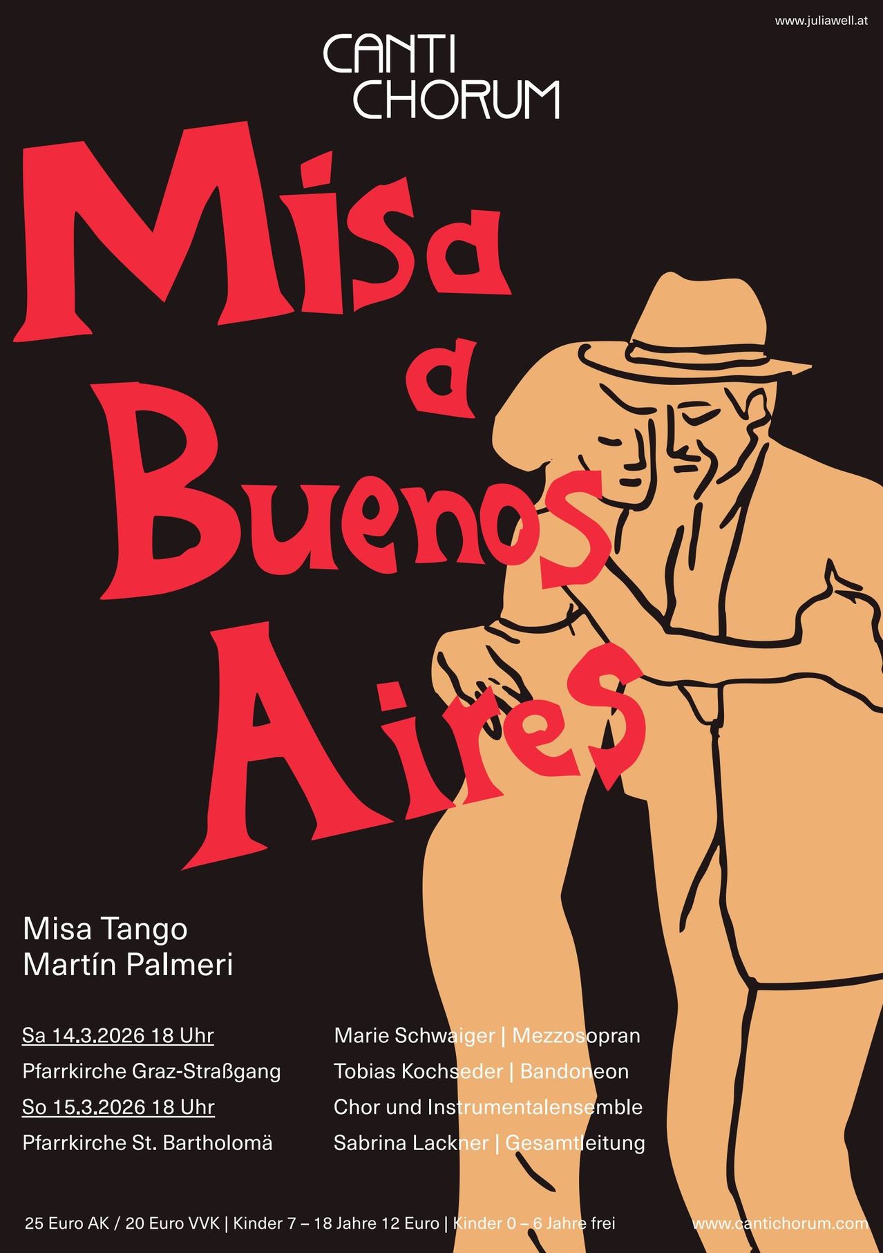 Plakat für Misda Buenos Aires von Martin Palmeri. Es zeigt ein tanzendes Tangopaar, der Titel ist rot. Geplant für den 14. März 2026 um 18:00 Uhr.