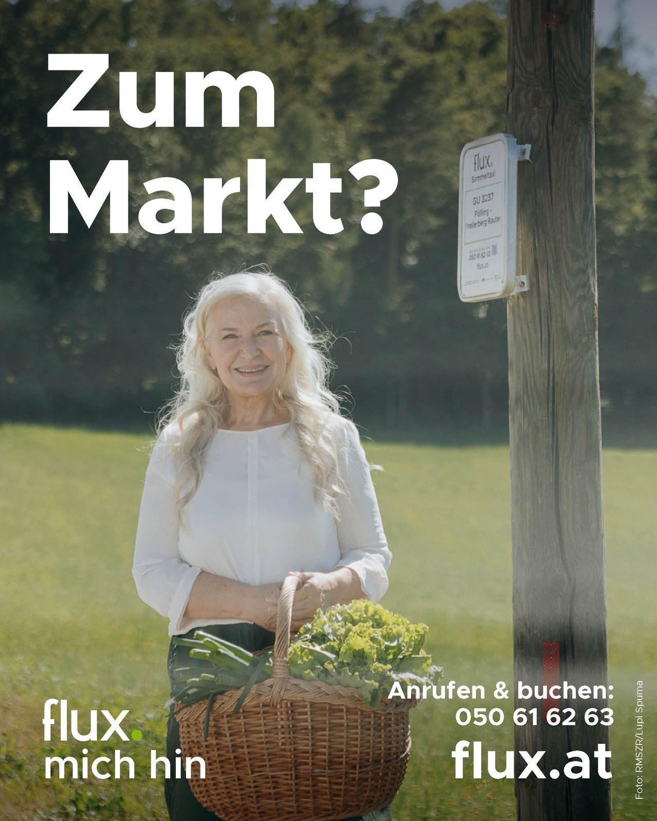 Eine ältere Frau mit langen weißen Haaren und einem weißen Oberteil steht im Freien, lächelt und hält einen Korb voller grünen Gemüses. Im Hintergrund befindet sich ein Rasen mit Bäumen. Ein Pfosten zeigt ein Schild mit dem Wort 'flux' und einer Telefonnummer.