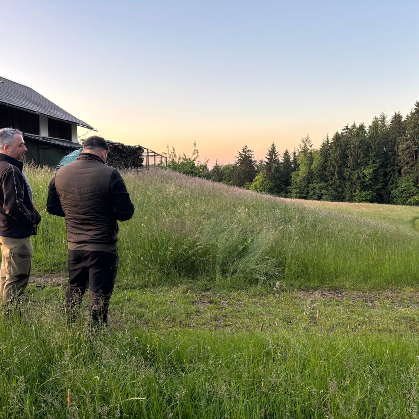 Zwei Männer in Jacken stehen in einem Grasfeld und blicken auf ein Haus mit schwarzem Dach und einem Zaun im Hintergrund. Der Himmel ist klar mit einem Hauch von Sonnenuntergang.