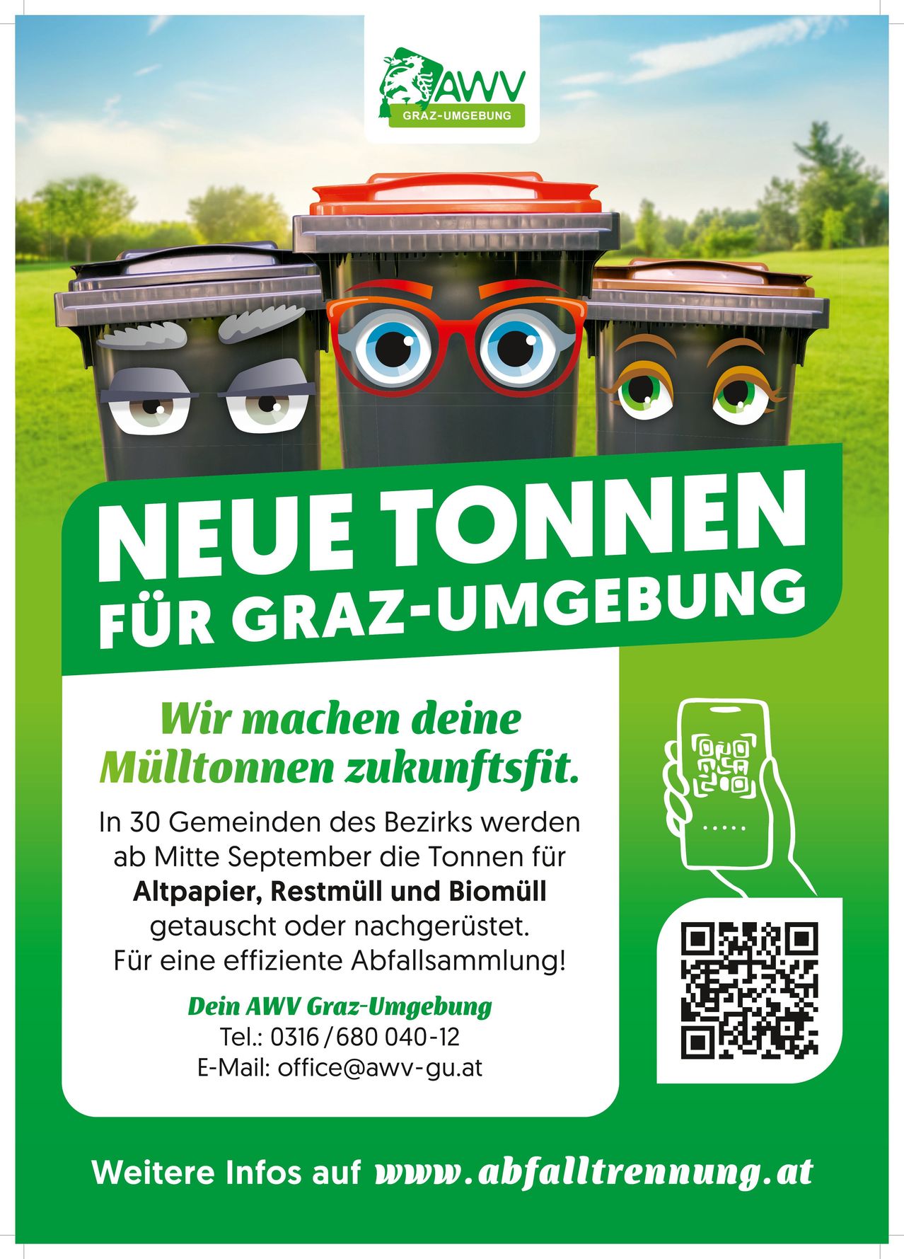 Plakat mit Cartoon-Mülltonnen mit Augen und Brille, Text lautet 'Neue Tonnen für Rasen und Garten'. Unten Informationen über neue Tonnen für Papier, Restmüll und Biomüll. QR-Code und Kontaktdaten sind angegeben.