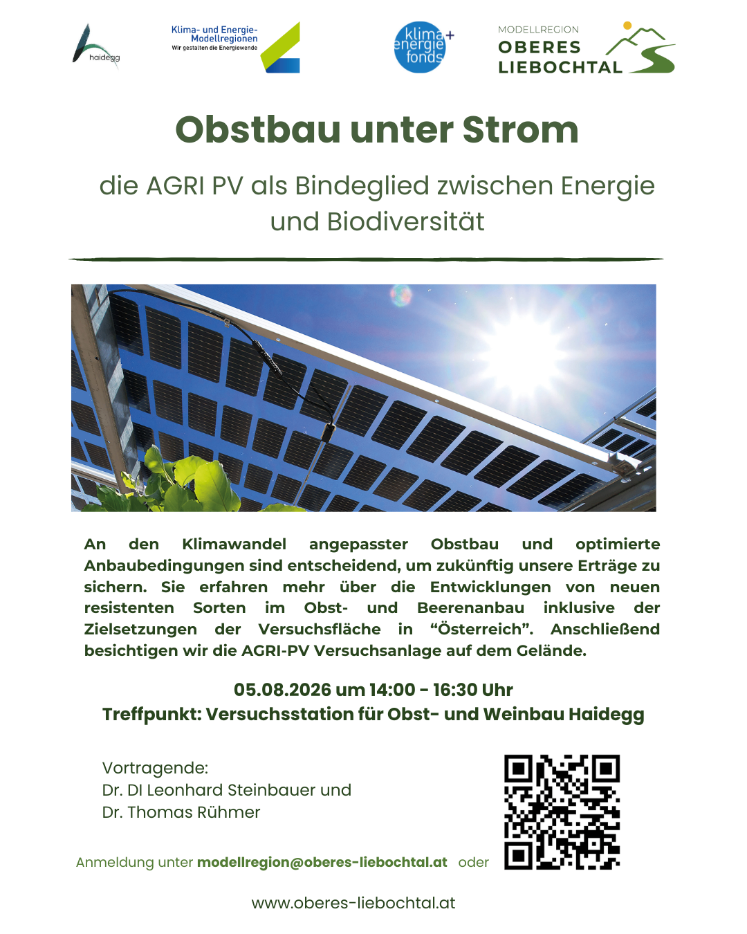 Ein Flyer für eine Präsentation über Obstbau unter dem Einfluss des Klimawandels. Es zeigt ein Solarpanel und erwähnt die Entwicklung neuer resistenter Obstbaumsorten. Die Veranstaltung ist für den 5. August 2026 geplant.