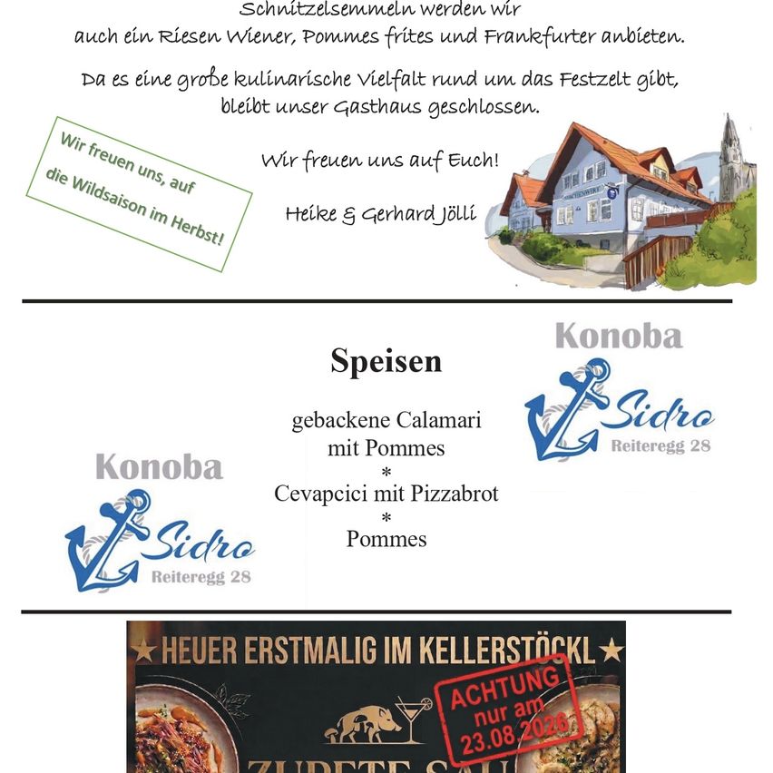Eine Werbung für ein deutsches Gasthaus, das verschiedene Gerichte wie Calamari, Pizza und Pommes frites anbietet. Das Bild zeigt auch ein Haus und das Datum 23. August 2026.