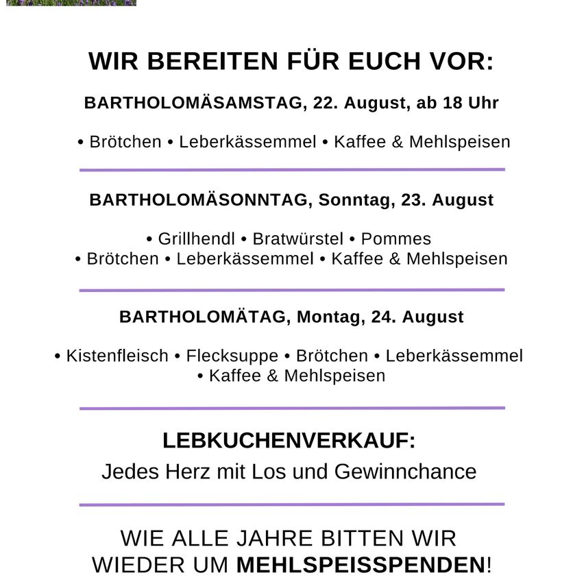 Ein Plakat, das eine Reihe von Veranstaltungen zum Bartholomäustag ankündigt, einschließlich Daten, Zeiten und Essensangeboten wie Bratwurst, Würste und Kaffee. Das Plakat ist in Abschnitte für jeden Tag der Veranstaltung unterteilt.