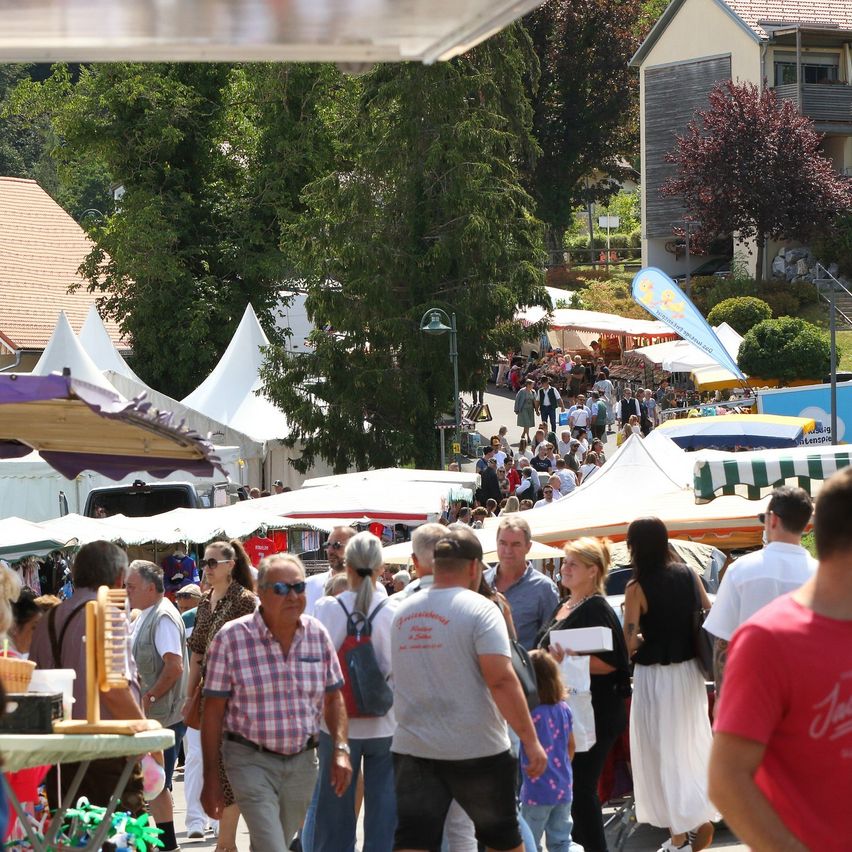 Ein geschäftiger Outdoor-Markt mit vielen Ständen unter weißen Zelten, Menschen beim Einkaufen und einer von Bäumen gesäumten Straße im Hintergrund.