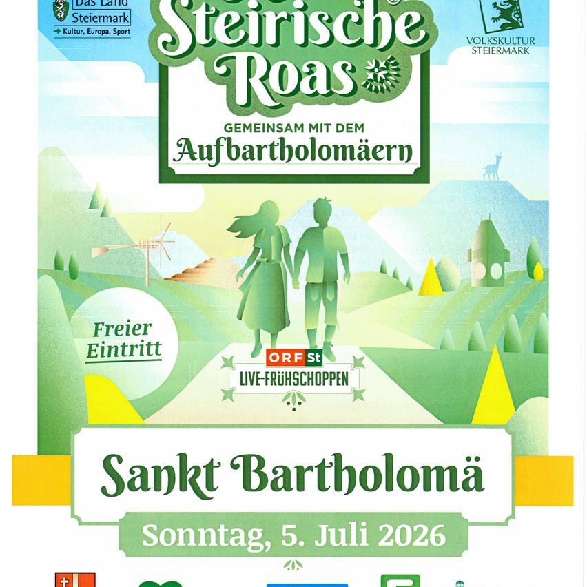 Plakat für das Styrische-Straßen-Event, das ein Paar in einer ländlichen Landschaft mit Hügeln und einer Windmühle zeigt. Das Plakat enthält den Text 'Styrische Straßen', 'Sankt Bartholomä' und 'Sonntag, 5. Juli 2026'.