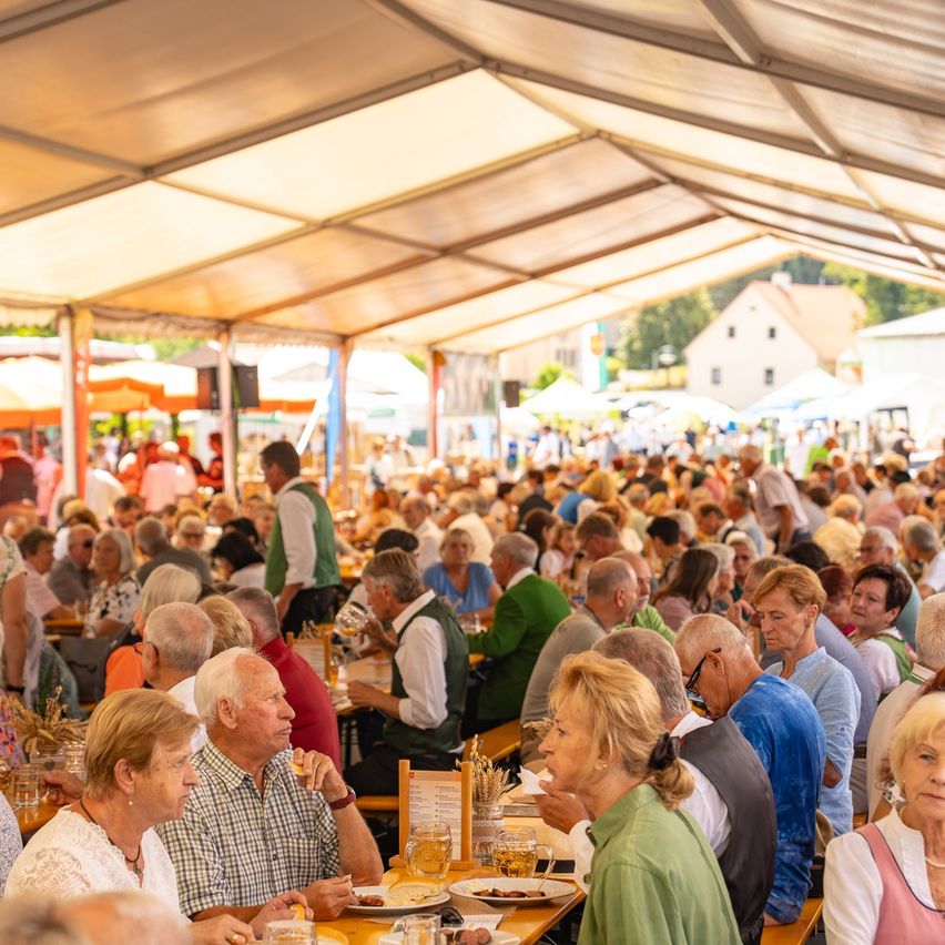 A large crowd of elderly people are seated at tables in a large tent, eating and drinking, with some wearing traditional attire. The tent is well-lit and spacious.