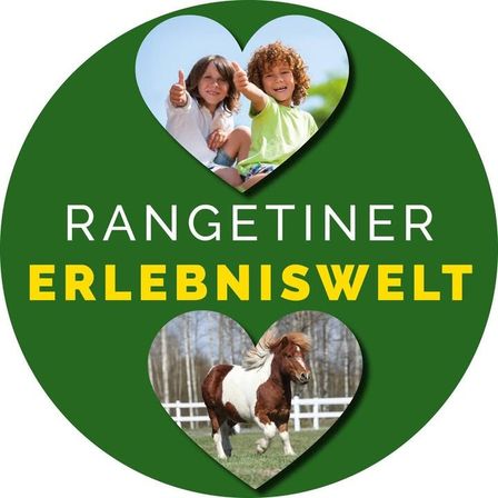 Zwei Kinder mit Daumen hoch und ein rennendes Pferd mit dem Text 'RANGETINER ERLEBNISWELT'.
