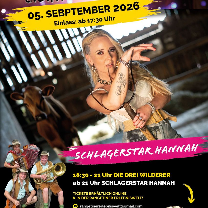 Poster for Schlagerstar Hannah event on September 5, 2026, featuring a woman with a tattoo, a cow, and musicians in a barn.