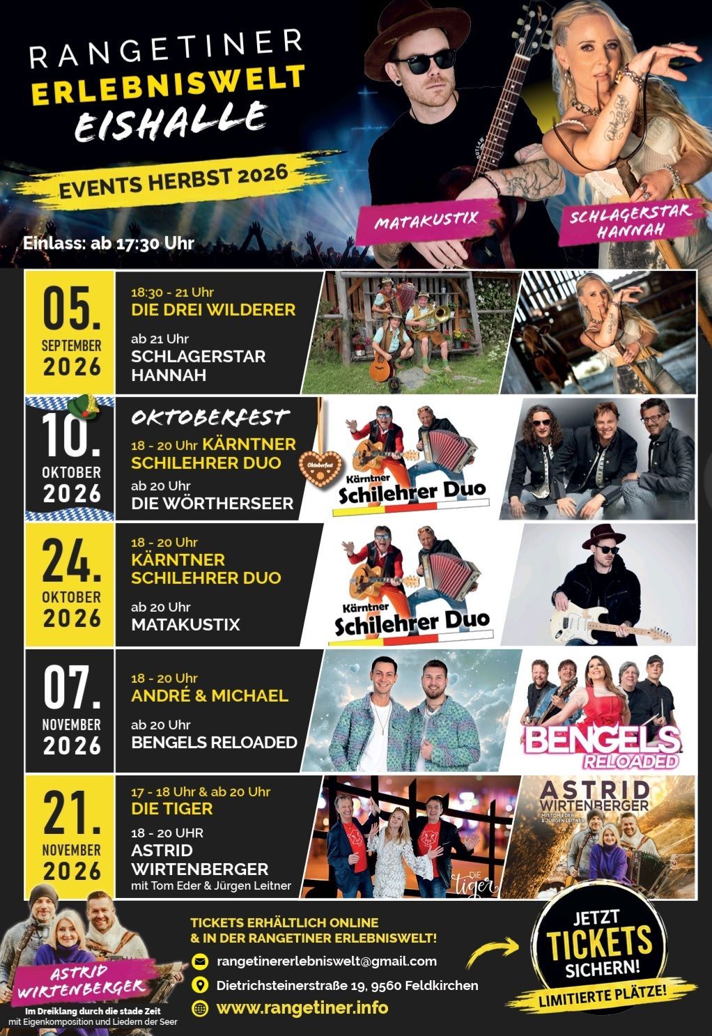 A poster for the Events Herbst 2026, featuring various musical acts with dates and times. The top left corner has a yellow banner with the title and start time. The poster includes images of musicians and bands.