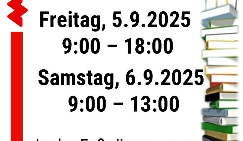 Werbeplakat für einen Bücherflohmarkt am 5. und 6. September 2025 von 9:00 bis 18:00 Uhr und 9:00 bis 13:00 Uhr in der Fußgängerzone neben einem Buchladen.
