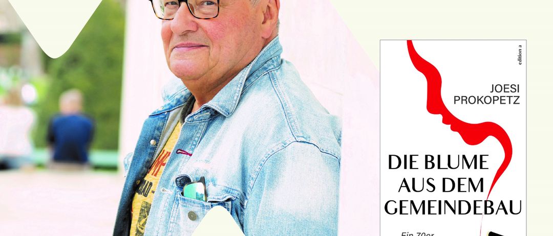 Ein Plakat zur Buchpräsentation von Joesi Prokopetz. Ein Bild von Joesi Prokopetz ist zu sehen, mit dem Buchcover in der Ecke.