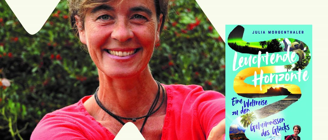 Ein Plakat zeigt Julia Morgenthaler mit ihrem Buch 'Leuchtende Horizonte'. Das Datum 19. November und die Zeit 19:00 werden erwähnt, zusammen mit dem Veranstaltungsort Berglust Stadt Café, Hartberg.