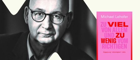 Ein Plakat mit dem Gesicht eines Mannes, einer Brille, einem Buchcover und einem Datum für eine Präsentation von Michael Lehofer.