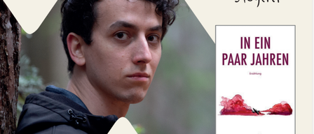 Ein Plakat für eine Buchpremiere und Jubiläumsfeier mit Daniel Stoeger. Das Plakat zeigt ein Foto eines Mannes, das Buchcover und Veranstaltungsdetails.
