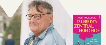 Eine Werbung für eine Lesung mit Joesi Prokopetz, mit einem Foto von ihm und dem Buchcover von 'Es lebe der Zentralfriedhof'. Die Veranstaltung ist für den 21. Oktober um 19:00 im Gasthof Großschenkl geplant.