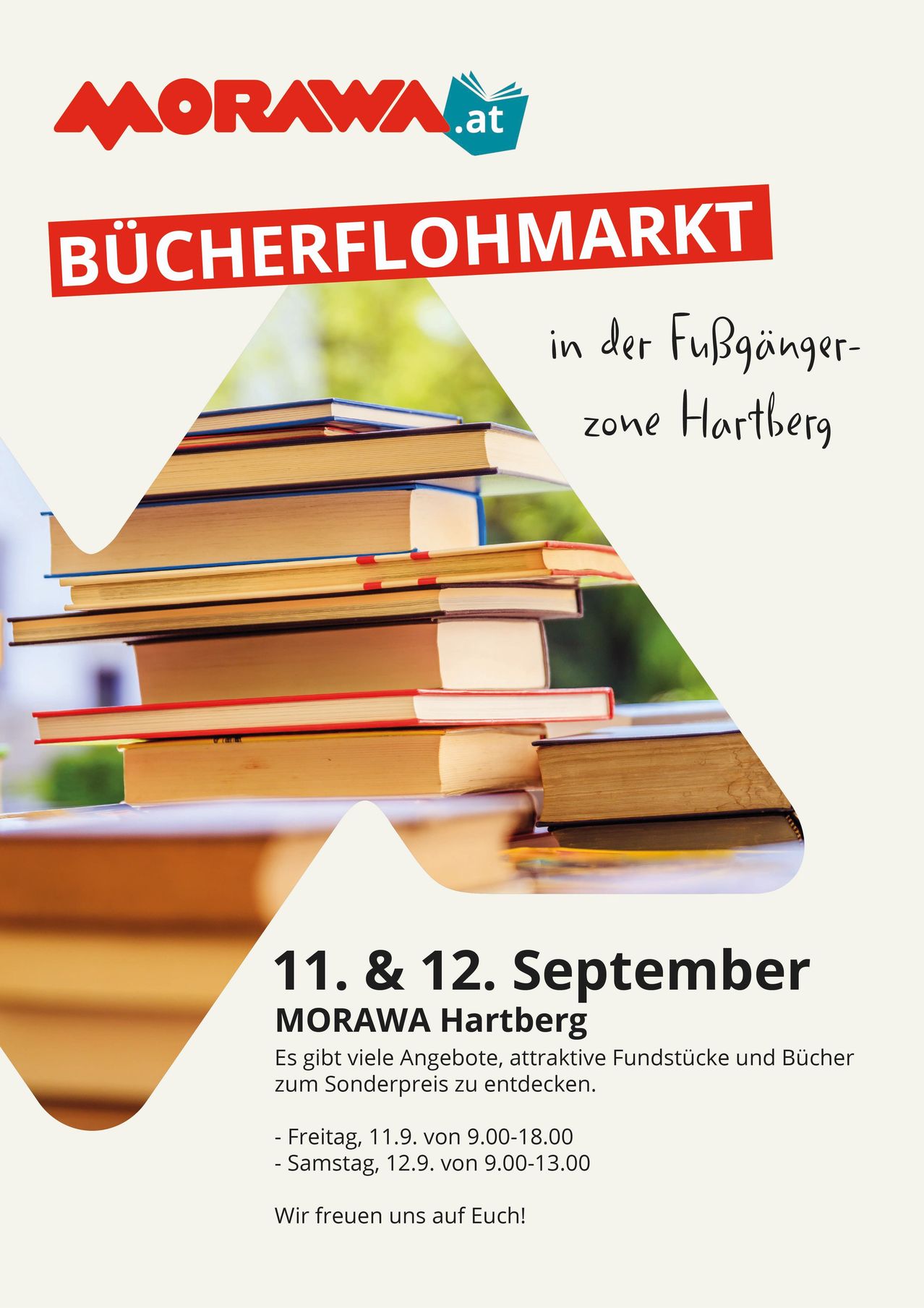A poster advertising a book flea market in Hartberg, featuring a stack of books and the dates September 11th and 12th.
