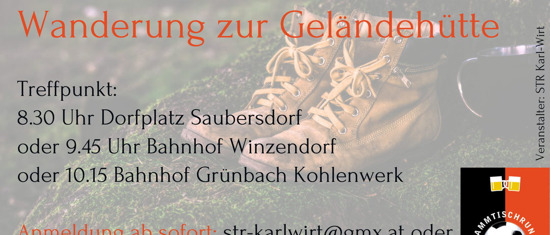 Ein Bild von Wanderschuhen mit Textüberlagerung, das Informationen über eine Landmanagement-Veranstaltung in Saubersdorf liefert. Details umfassen Datum, Ort und Kontaktinformationen.