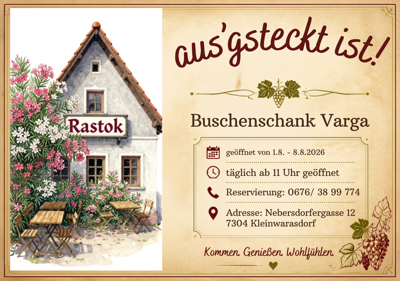 Eine Illustration eines Hauses mit dem Namen Rastok, umgeben von Blumen und Tischen. Das Haus hat ein rotes Dach und ist vom 1. August bis 8. August 2026 geöffnet.