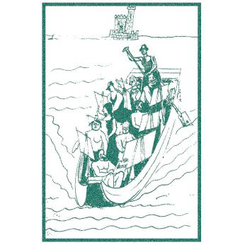 Eine monochrome Zeichnung zeigt eine Gruppe von Menschen in einem Boot auf dem Meer, mit einer Burg in der Ferne. Einige stehen, andere sitzen und eine Person steuert.