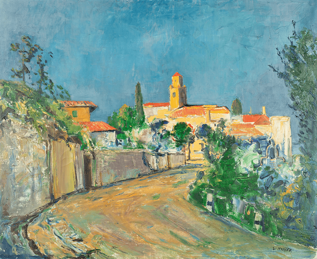Ölgemälde einer mediterranen Stadt mit Kirchturm und Straße im Vordergrund