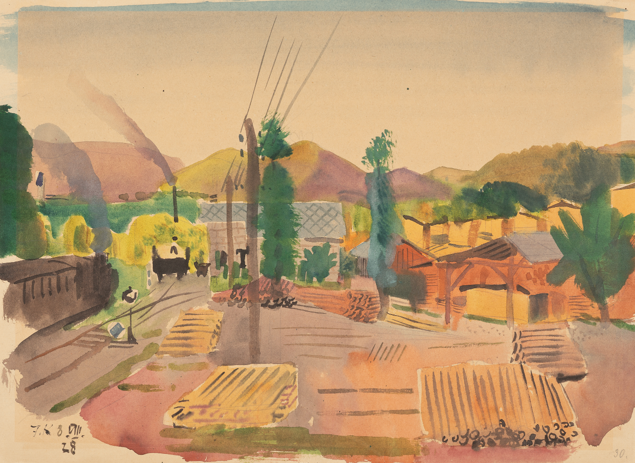 A watercolor painting depicts a rural landscape with a winding road, a house, and a tree. In the background, there are mountains and a train. The scene is bathed in warm, soft light.