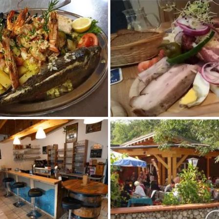 Vier Restaurantbilder: ein Meeresfrüchtegericht, ein Fleischplatte, eine Bartheke und ein Sitzbereich im Freien.