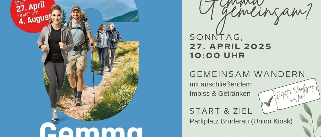 Ein Flyer für die Gemme Gemme Veranstaltung am 27. April 2025. Es zeigt eine Gruppe von Menschen, die mit Bergen im Hintergrund wandern. Der Text enthält Veranstaltungsdetails wie Zeit, Ort und Kontaktinformationen. Das Bild hat ein blaues und weißes Farbschema.