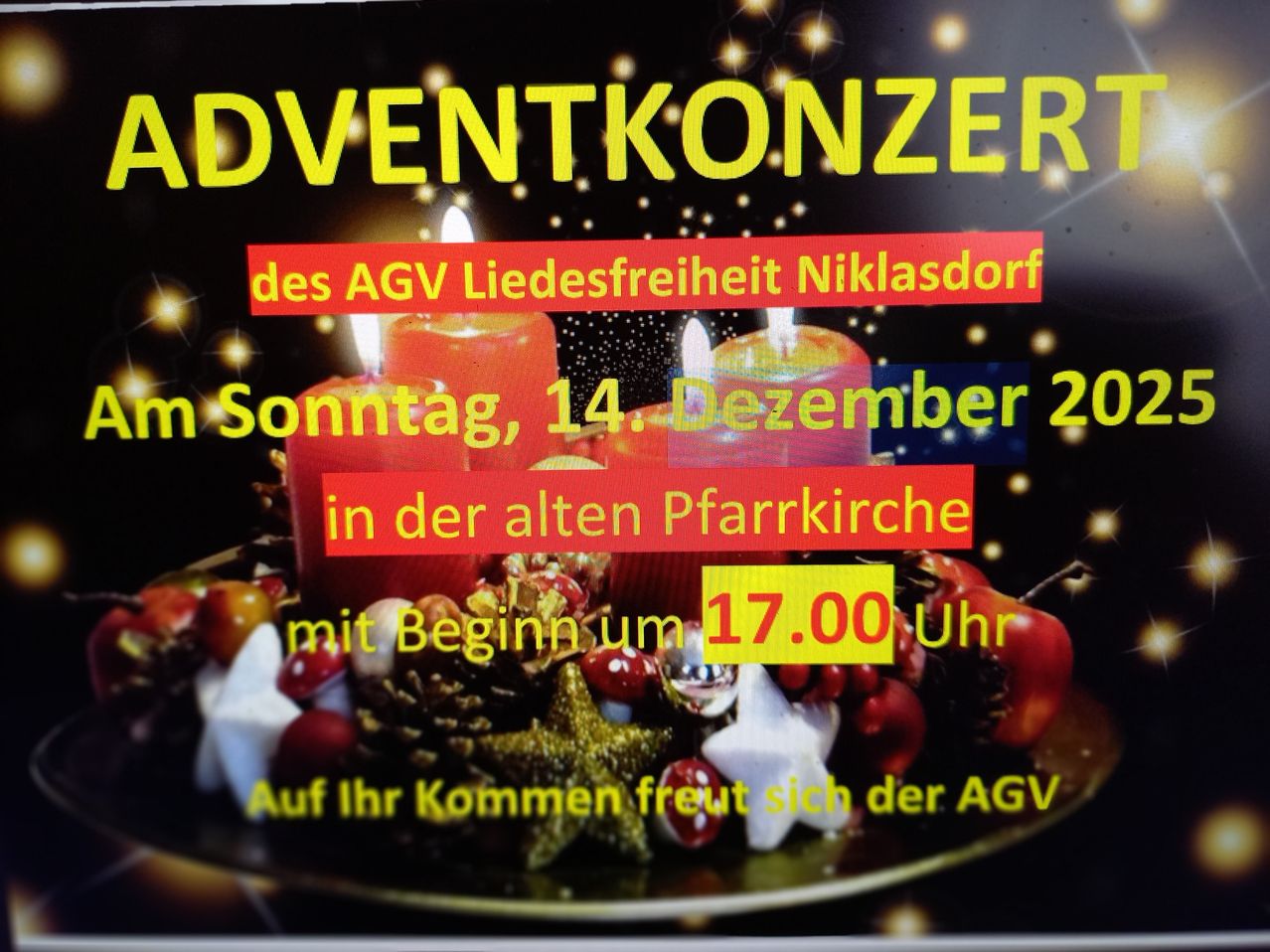 Plakat für das Adventkonzert des AGV Liederfreiheit Niklasdorf am Sonntag, 14. Dezember 2020 um 17 Uhr in der alten Pfarrkirche. Mit brennenden Kerzen und festlicher Dekoration.