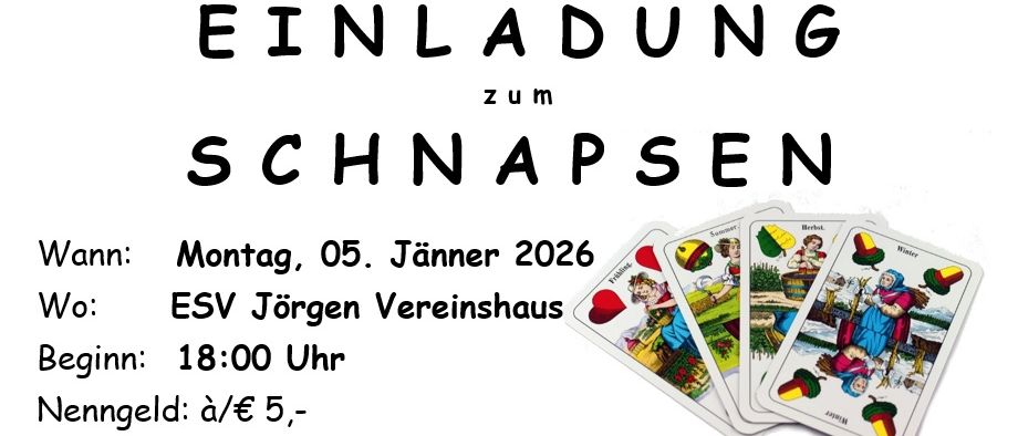 Einladungsposter von ESVJorgen für eine Schnapps-Veranstaltung am Montag, 5. Januar 2026, um 18 Uhr. Der Eintritt beträgt 5 Euro. Die Veranstaltung wünscht allen ein frohes Weihnachtsfest und ein glückliches neues Jahr.