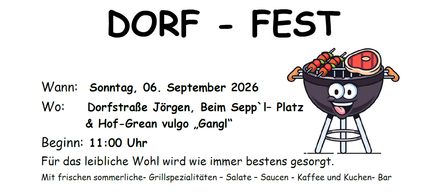 Ankündigung Dorf-Fest Jörgen am Sepp`l- Platz 2026 