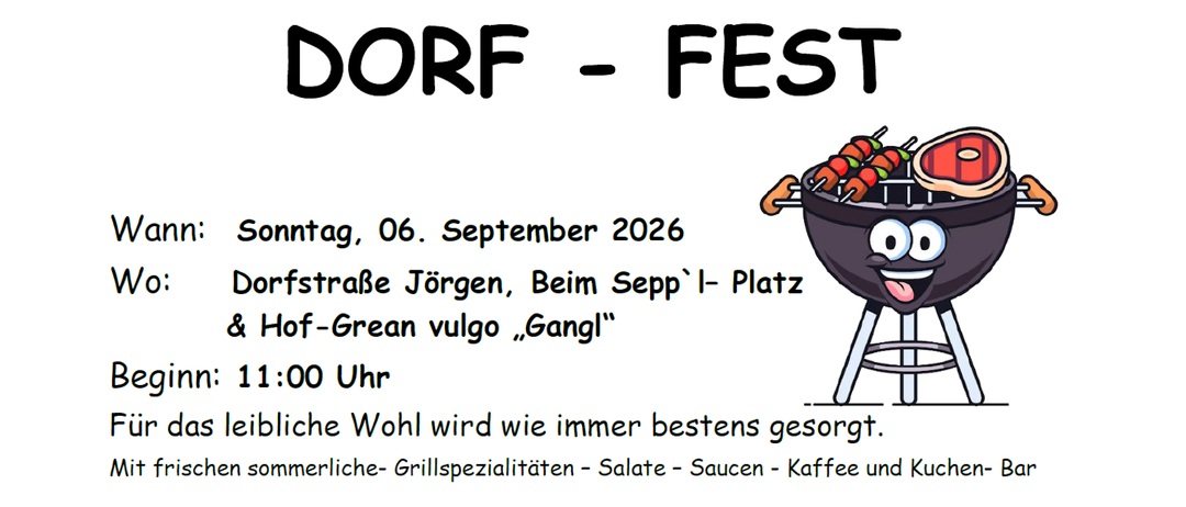 Ankündigung Dorf-Fest Jörgen am Sepp`l- Platz 2026 