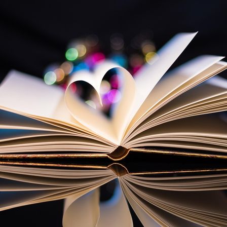 Ein Buch mit in Herzform gefalteten Seiten, offen auf einem Tisch mit einem unscharfen Hintergrund aus farbigen Lichtern.