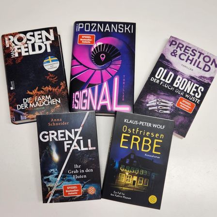 Fünf Bücher sind auf einer weißen Oberfläche ausgestellt. Darunter befinden sich Titel wie 'Signal', 'Grenz Fall', 'Ostfriesen Erbe', 'Old Bones' und 'Die Farm der Madchen'.