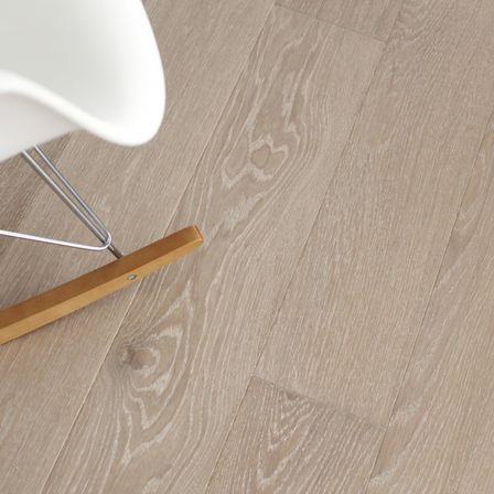 Nahaufnahme eines hellbeigen Holzbodens mit einem weißen Stuhl in der Ecke.