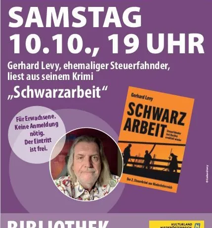 Ein Plakat für eine Buchlesung von Gerhard Levy, ehemaliger Steuerfahnder, am Samstag, 10. Oktober um 19 Uhr in der Bibliothek Brunn am Gebirge.