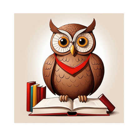 Eine braune Eule mit rotem Schal sitzt auf einem offenen Buch mit mehreren bunten Büchern in der Nähe.