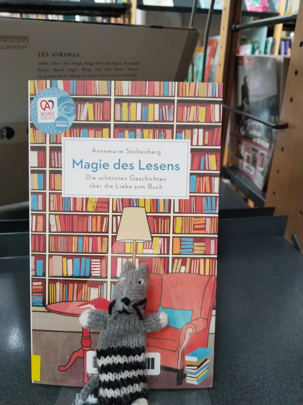 Ein Buch mit dem Titel 'Magie des Lesens' von Annemarie Stoltenberg wird in einer Bibliothek auf einem Bücherregal ausgestellt. Ein kleines Stofftier steht vor dem Buch.
