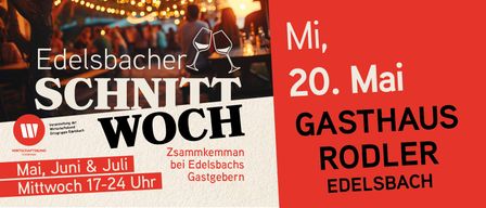 Werbeplakat für eine Zusammenkunft bei Edelsbachs Gastebern. Das Bild zeigt zwei Weingläser, einen warmen Sonnenuntergang und eine gesellige Zusammenkunft.