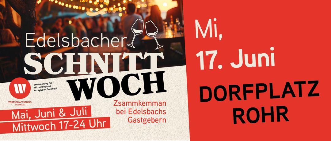 Ein Plakat für eine gesellige Zusammenkunft bei Edelsbachs Gastgebern. Es zeigt Weingläser und eine warme, einladende Atmosphäre. Der Text lautet 'Weinnacht'.