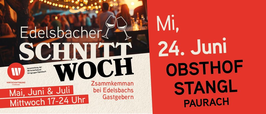 Ein abendlicher Zusammensein bei Edelsbachs, einem Weinkeller, mit Weinläsern und Menschen, die sich amüsieren. Der Termin ist Mittwoch, 24., ab 20 Uhr.