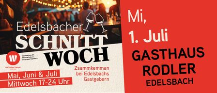 Eine Werbung für eine Zusammenkunft bei Edelsbachs mit Weinläsern, Leuten, die um einen Tisch herumsitzen, und einem Sonnenuntergang im Hintergrund. Der Text lautet 'Mit 1. JUNI GAST'.