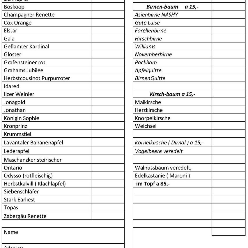 Eine Tabelle listet verschiedene Namen von Weinmarken auf der linken Seite und entsprechende Rebsorten auf der rechten Seite auf. Es enthält Namen wie Boskoop, Champagner Renette und Cox Orange.
