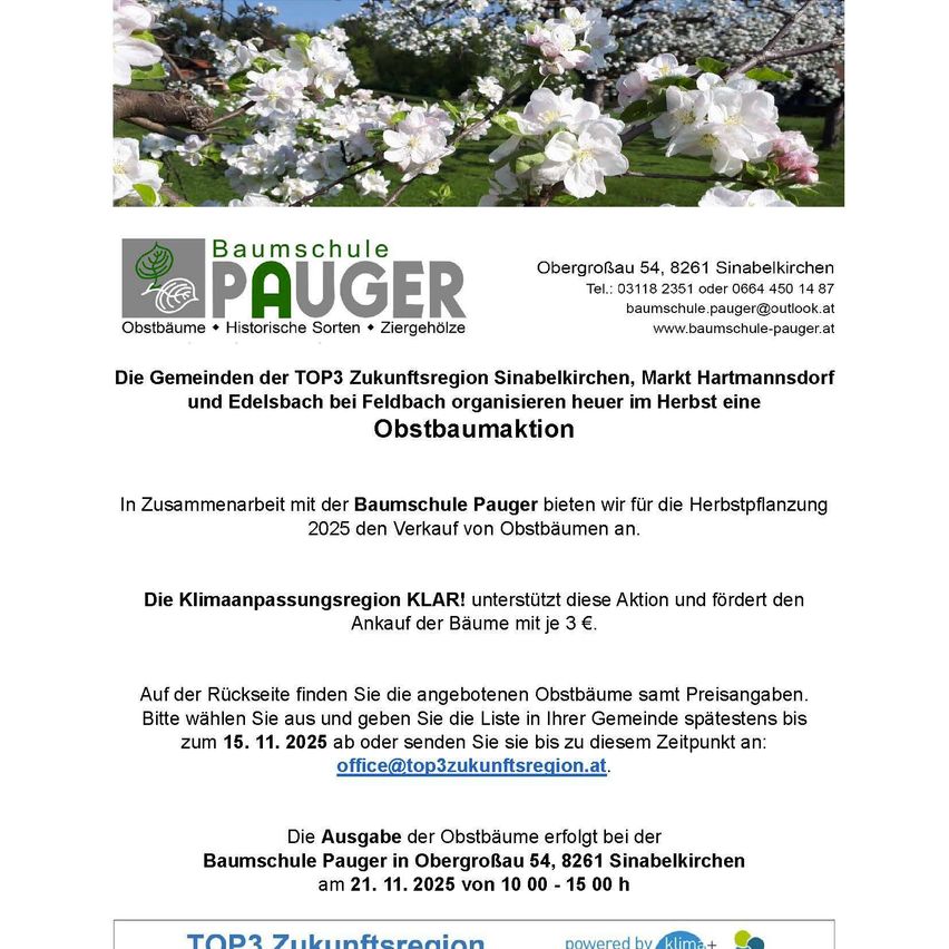 Ein Flyer mit weißen Blumen, der die Baumpflanzaktion von Baumschule Pauger in Obergroßbau, Sinabelkirchen, bewirbt. Er lädt die Gemeinden in Sinabelkirchen, Hartmannsdorf und Edelsbach zur Teilnahme an der Baumpflanzaktion ein. Unterstützt von der Klimaaktionsregion KLARI ermutigt der Flyer zum Kauf von Bäumen mit einer 3-Euro-Subvention. Bäume stehen zur Auswahl und Bestellung bis zum 15.11.2025 zur Verfügung.