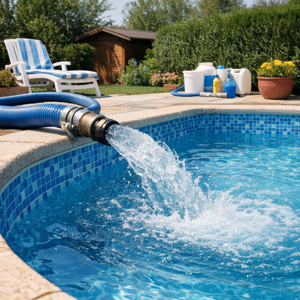 A hose fills a swimming pool with water. A chair and shed are behind it. Containers of pool chemicals sit nearby.