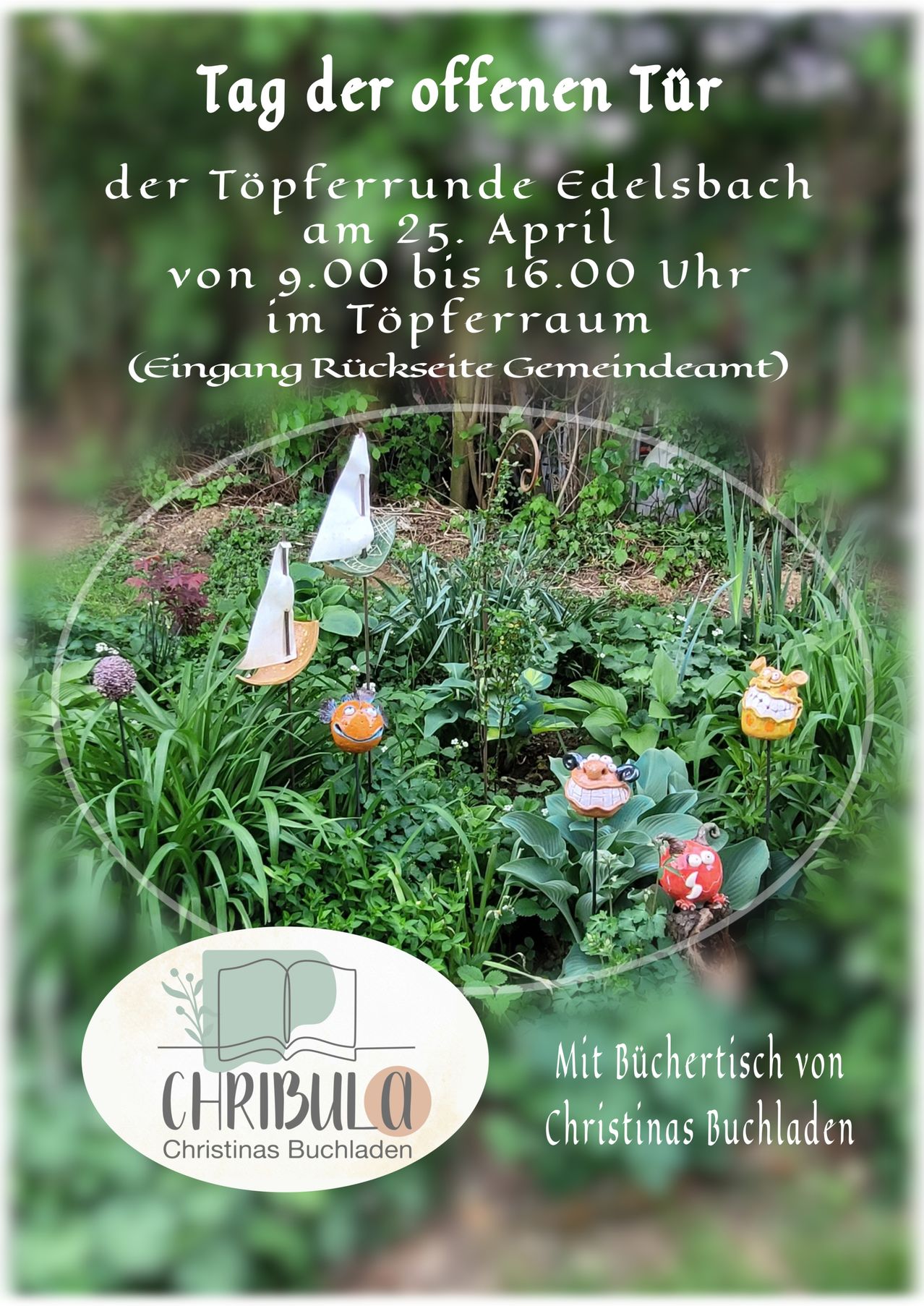 A poster advertises a pottery event on April 25th from 9 AM to 4 PM at the Pottery Room, featuring whimsical decorations.