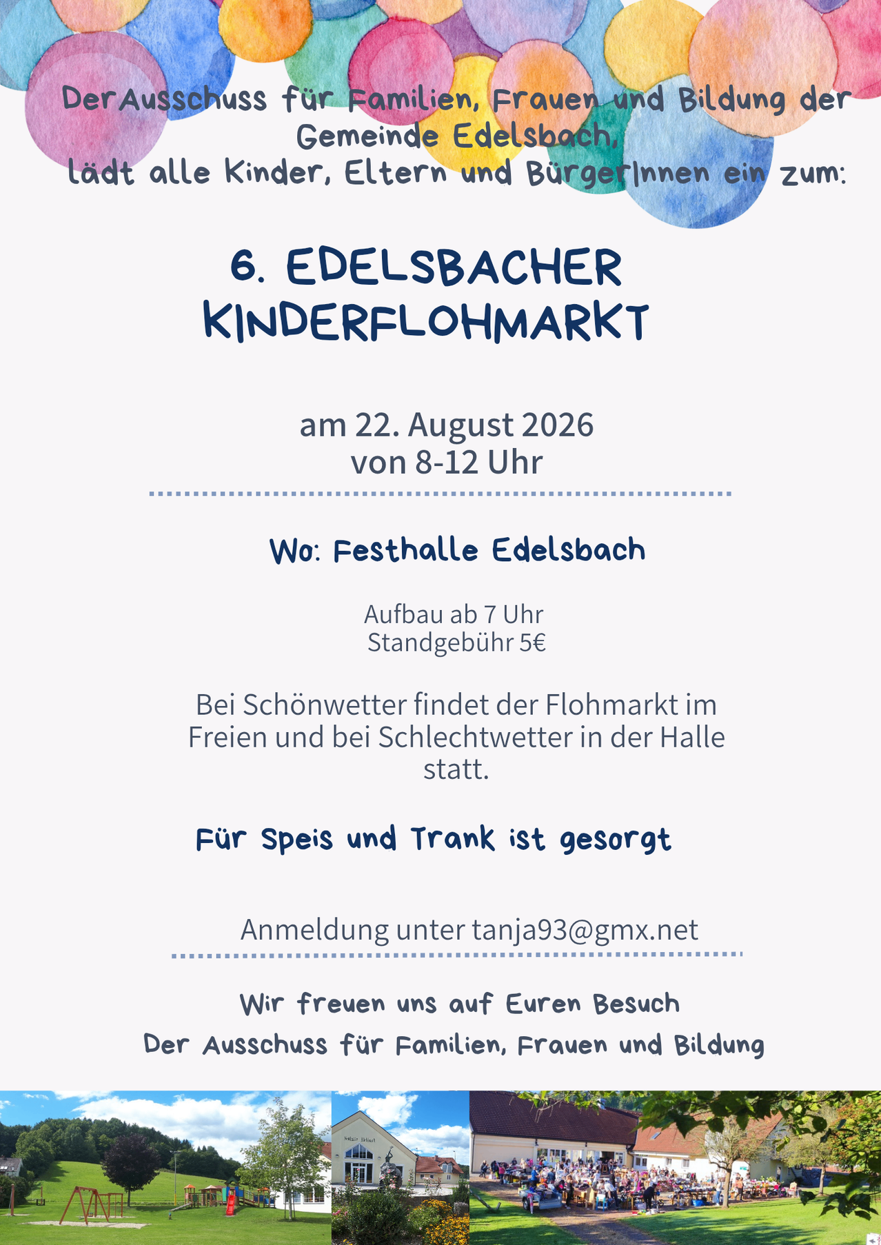 6th Edelsbacher Children's Flea Market on August 22, 2026, from 8-12 pm. Location: Festhalle Edelsbach. Registration: tanja93@gmx.net. Food and drinks provided.