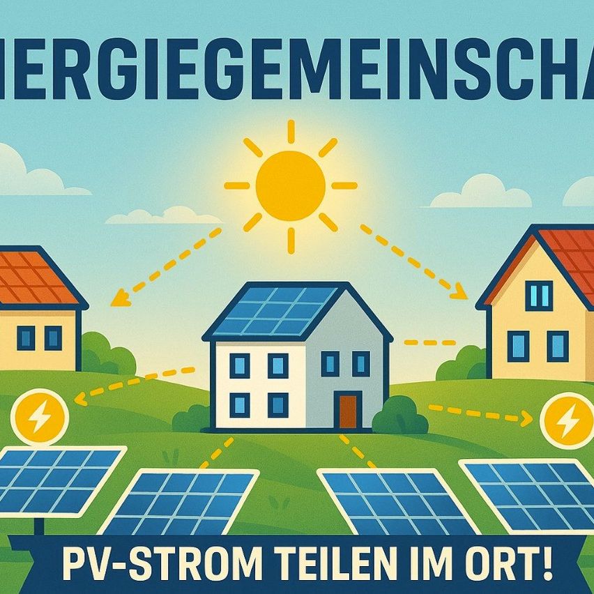 An infographic shows three houses with solar panels. The central house shares solar power with the others. The text reads, 'PV-Strom Teilen im Ort!' which means 'Share PV power locally!'.