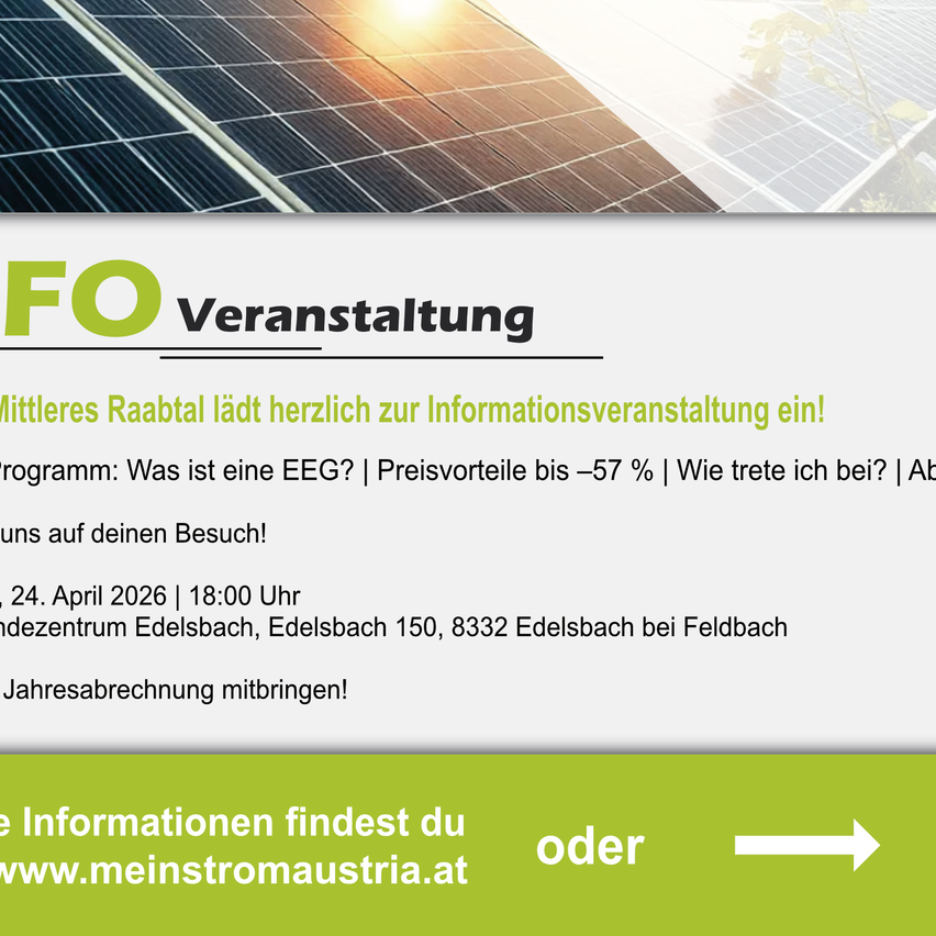 Solar panels are prominently featured. An event invitation is shown with details about a solar energy workshop. Date and location are listed. A website for more information is provided.