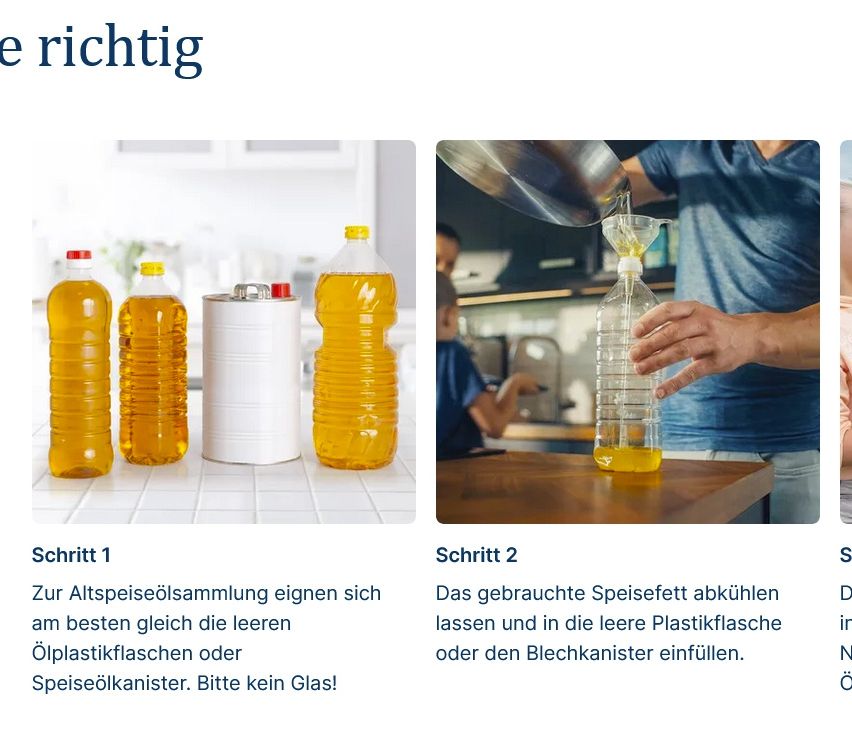 Step 1: Use empty bottles or canisters for collecting cooking oil. Step 2: Cool used cooking oil and pour it into empty plastic bottles or a metal can. Avoid glass.