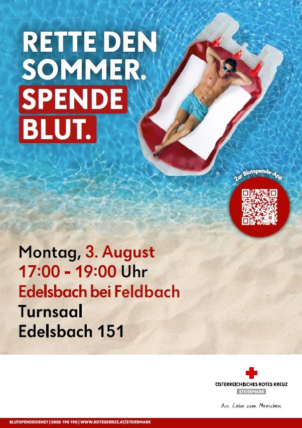 Blutspende in Edelsbach bei Feldbach: Montag, 3. August, 17-19 Uhr im Turnsaal Edelsbach 151